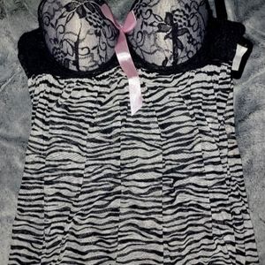 Y2k Zebra Print Teddy Sleep Bed Adult Lingerie Lace Top Bra See-through Nightie